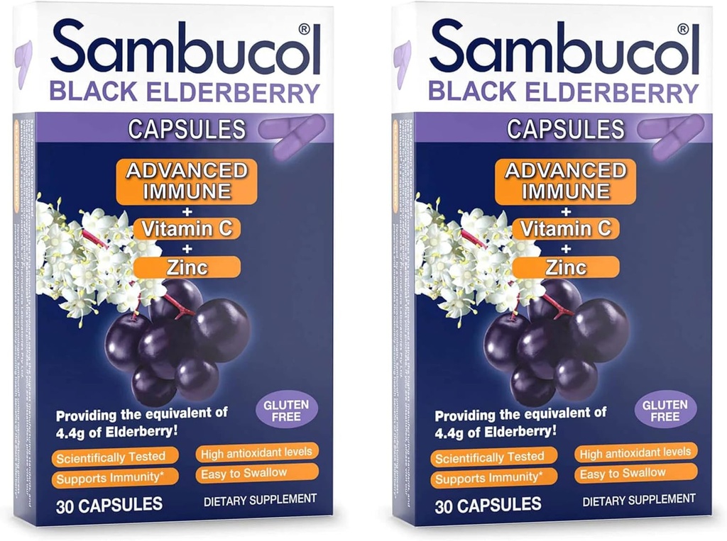 Sambucol Black Elderberry Capsules - Gelişmiş Immune, Vitamin C ve çinko, Elderberry Capsules, Immune Support, Black Elderberry Supplements, Gluten Free, Easy to Swallows - 30 Count, 2Pack