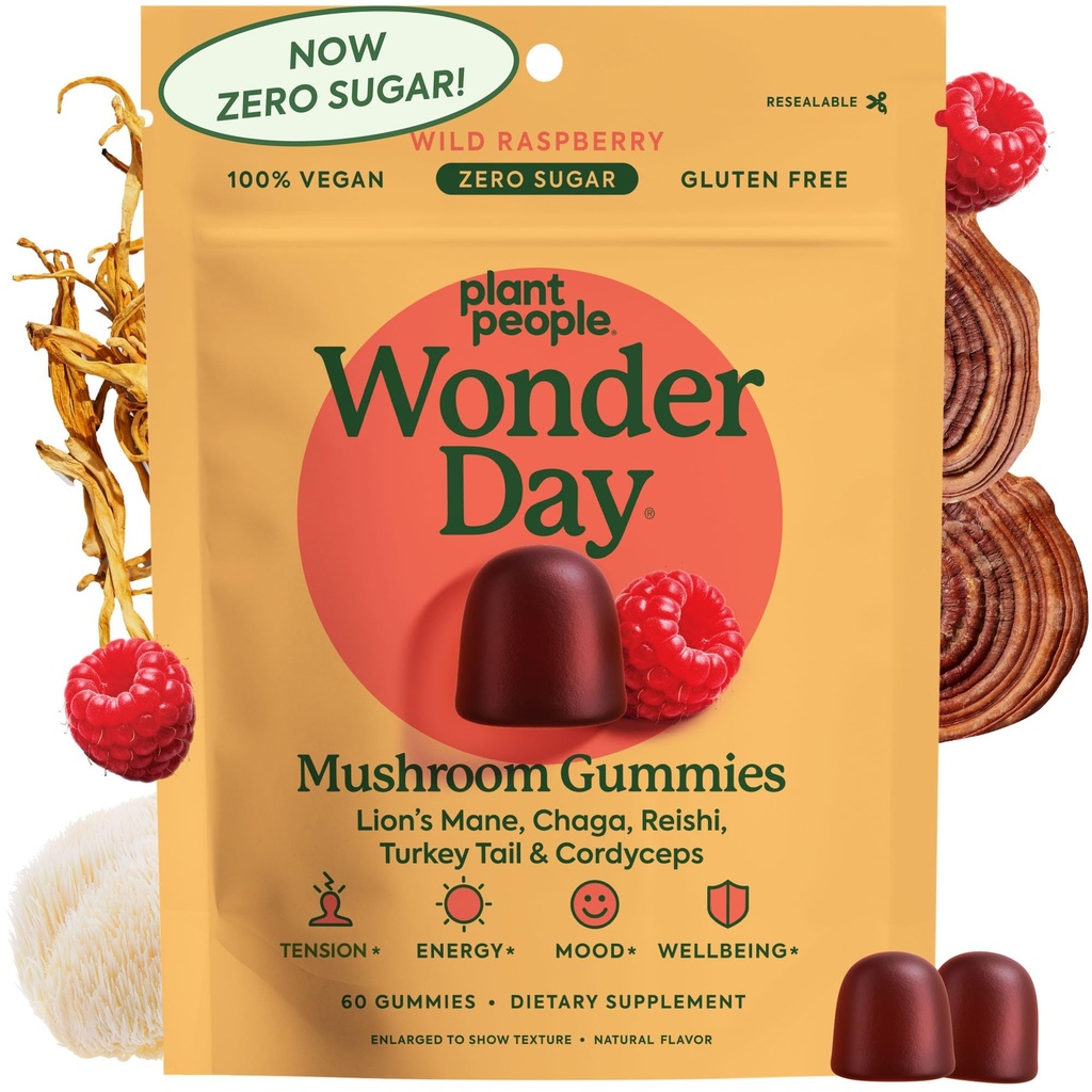 Plant People WonderDay Mushroom Gummies - Lion's Mane, Cordyceps, Chaga Mushroom Supplement to Support Immune System De-Stress Boost Mood & Energy in Yetişkinler Natural, Vegan, Non-GMO (60 Kont)