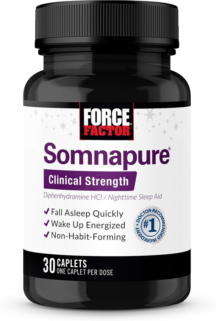 FORCE FACTOR Somnapure Klinik Güçlü Uyku Yardımı Yetişkinler için, Diphenhydramine HCl, Non-Habit-Forming, Nighttime Sleep Support, 30 Caplets