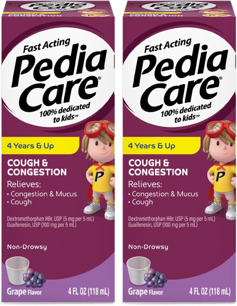 Çocuklar Cough & Congestion Sıvı Tıp Cough, Chest Congestion ve Mucus Cold Belirtileri, Non-Drowsy, Ages 4+, Grape Flavor, 4 fl oz (2 Pack)