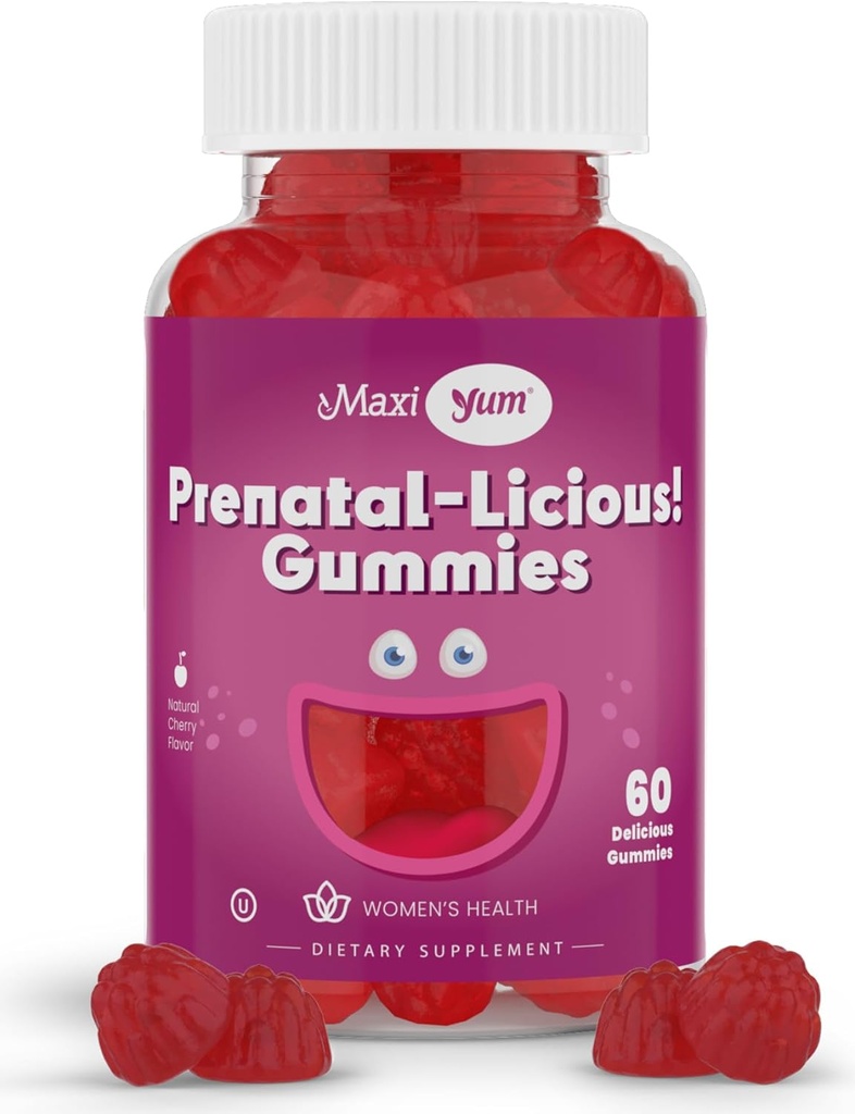 Maxi Health Women's Organic Prenatal Gummies - Kosher Cherry Flavored Pre Natal Gummy - Prenatal Vitamins for Women with Folic Acid and Iron for Fetal Development, 60 Count