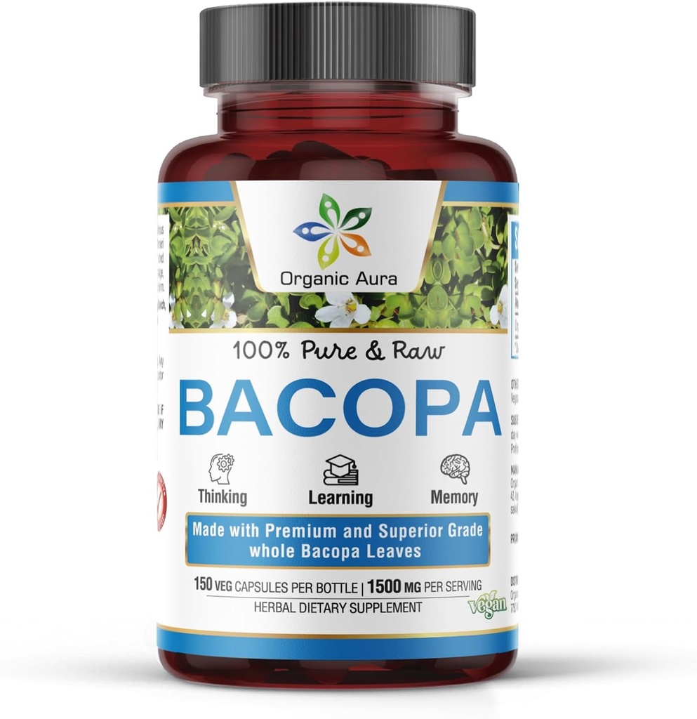 Organik Aura BACOPA Capsules.150 Veg HPMC Capsules hizmet başına 1500 mg. Herbal Supplement, Ruh Uyarısı, Calm, Memory, Cognition.