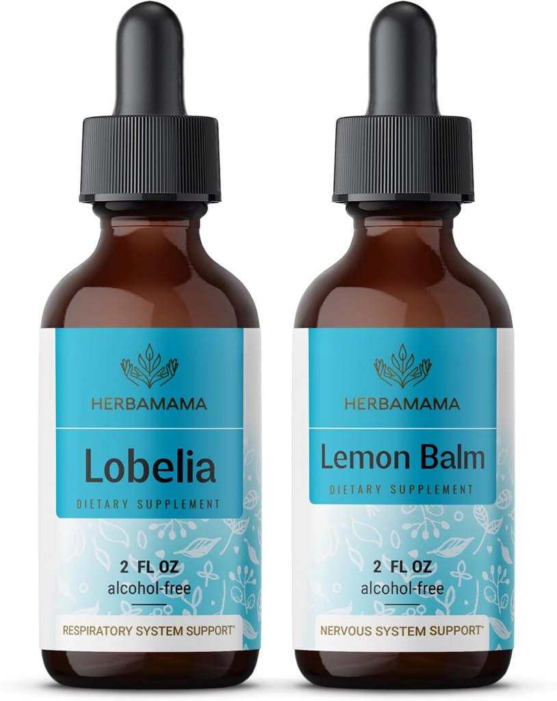 HERBAMAMA Herbal Liquid Drops Kit - Lobelia Extract and Lemon Balm Tincture 2 fl oz - Vegan, Non-GMO, Sugar & Alkol-Free - 2 Pack