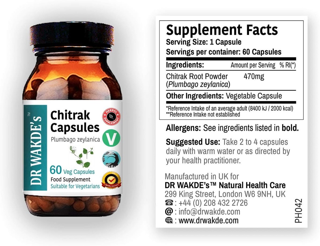 Κάψουλες Chitrak του DR WAKDE (Plumbago zeylanica, 60 Veg Caps, φυτικό συμπλήρωμα, Ayurvedic Herb, όλα φυσικά, Vegan)