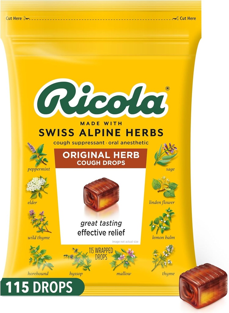 Ricola Original Herb Cough Drops, 115 Kont, Cough Suppressant & Throat Relieving Drops with Natural Sourced Menthol, Pleasing Herbal Taste for Coughs & Throat Irritation Symptom Relief