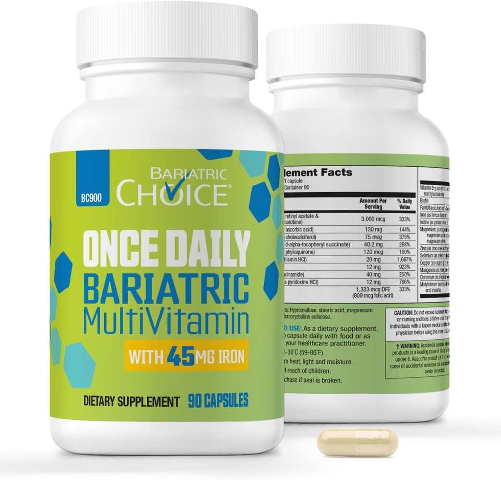 Bariatric Choice Once-Daily Bariatric Multivitamin with 45 mg of Iron | Easy to Swallow Capsule | Vitamin for Bariatrik Cerrahi Hastaları | 90 Kont (3-Month Supply)