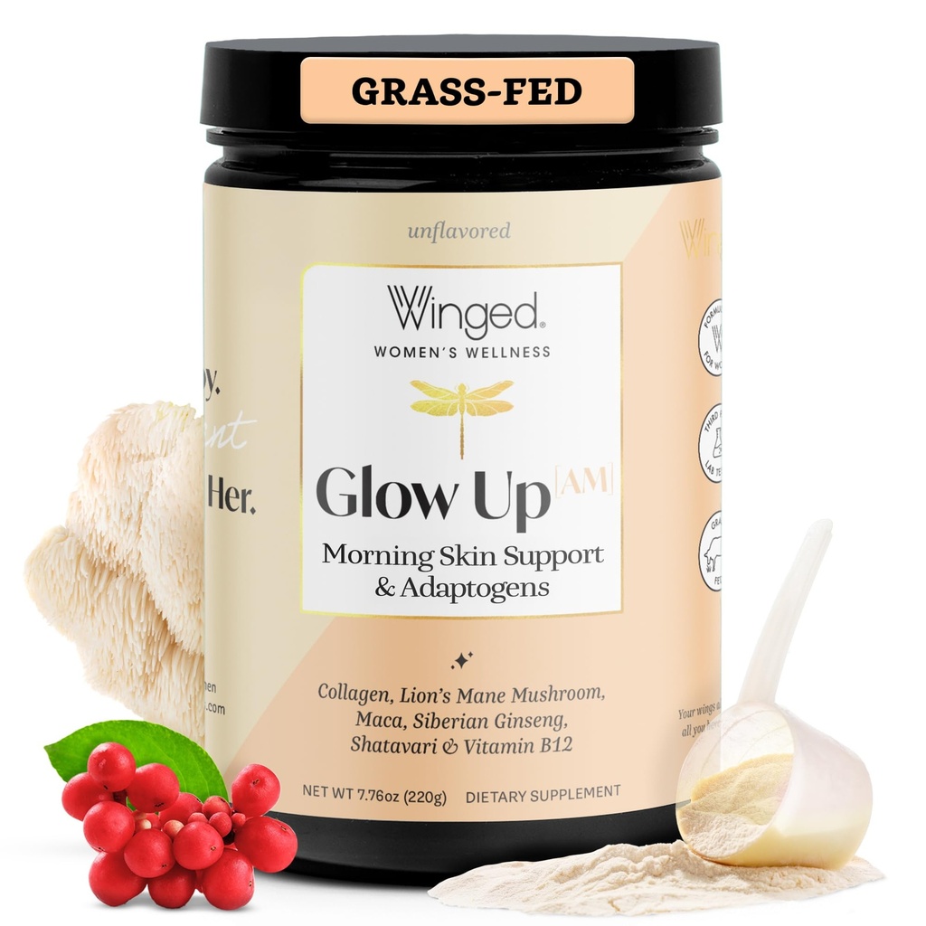 Kanatlı Wellness Glow Up AM, Collagen Toz for Women - Morning Beauty Supplement for Glowing Skin with Grass-Fed Hydrolyzed Collagen,, Lion's Mane & Maca Root - 21 Services, Unflavored