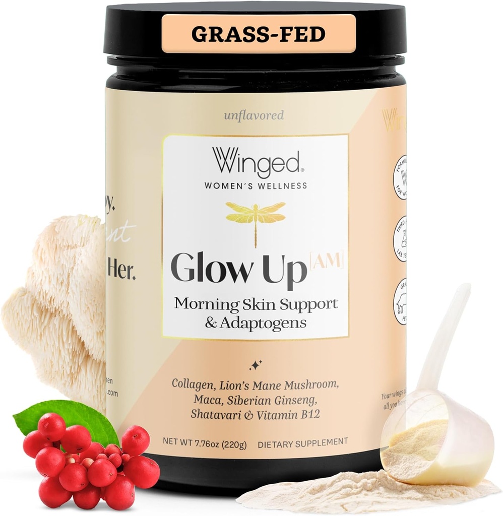 Winged Wellness Glow Up AM, Collagen Powder for Women - Πρωινό συμπλήρωμα ομορφιάς για το λαμπερό δέρμα με Grass-Fed Hydrolyzed Collagen Peptides, Mane & Maca Root - 21 Υπηρεσίες, Άγευστη