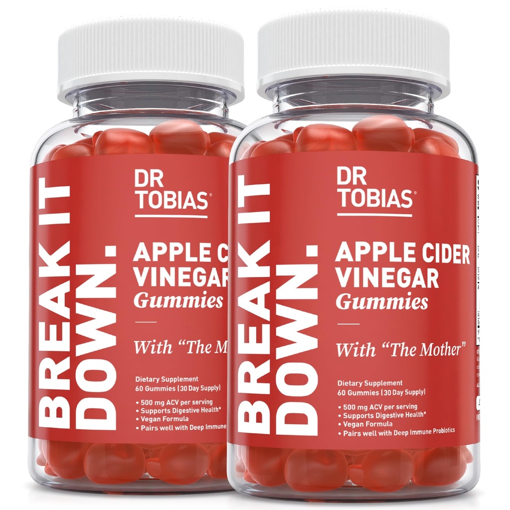 Dr. Tobias Apple Cider Vinegar Gummies with The Mother - 500mg ACV Per Serving, Plus Folate, B6, B12 & Iodine | Supports Digestive Health Gut Cleanse & Detox - Vegan (120 Gummies)