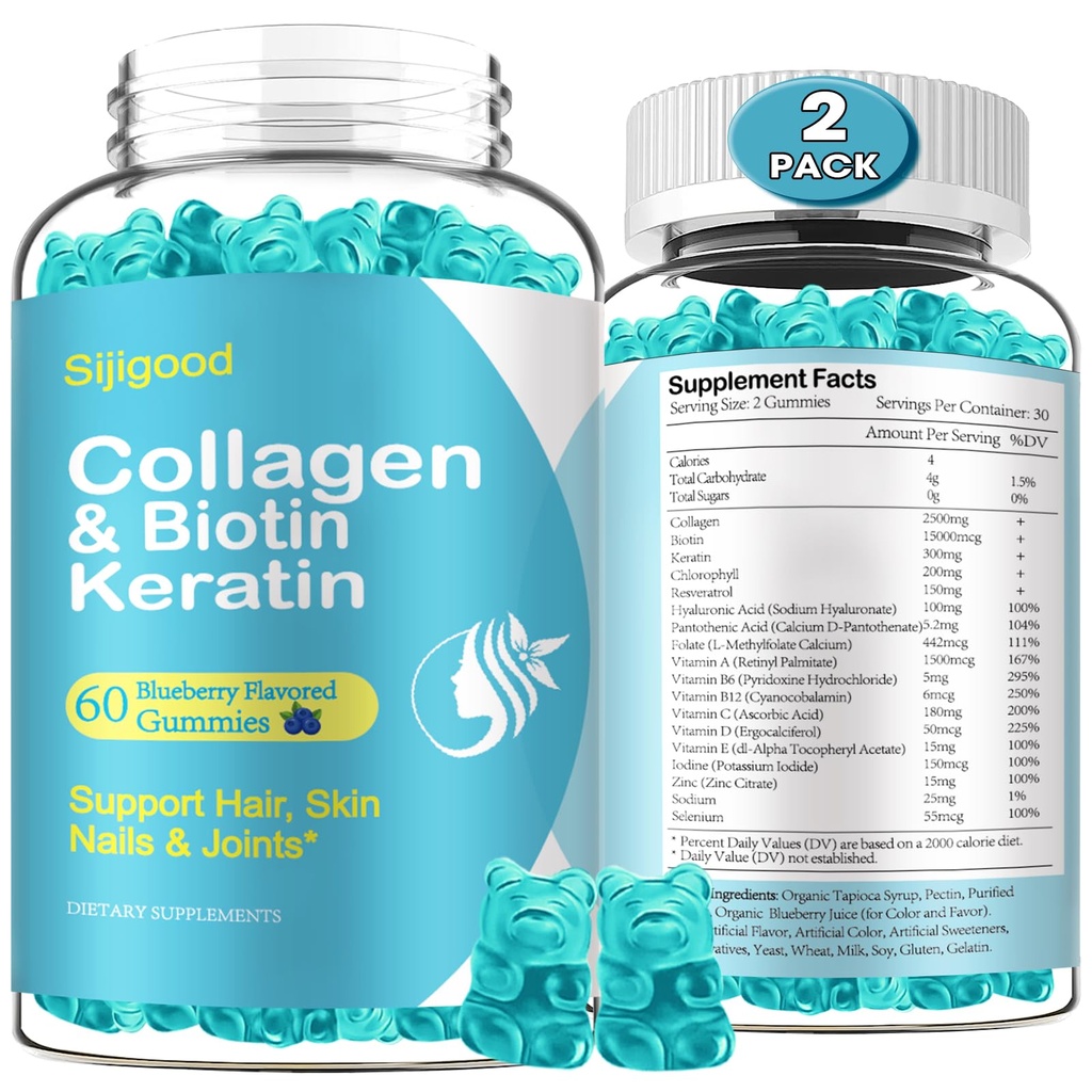 2 Συσκευασία Biotin Gummies με κολλαγόνο, κερατίνη, υαλουρονικό οξύ, βιταμίνη για το δέρμα, την ανάπτυξη των μαλλιών, νύχια, γυναίκες άνδρες ενήλικες παιδιά - βατόμουρο Γεύση, 120 Gummies