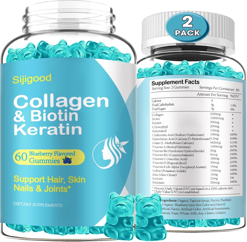2 Pack Biotin Gummies with Collagen, Keratin, Hyaluronic Asit, Skin, Saç Büyümesi, Nails, Kadınlar Erkekler Yetişkin Çocuklar - Blueberry Flavored, 120 Gummies