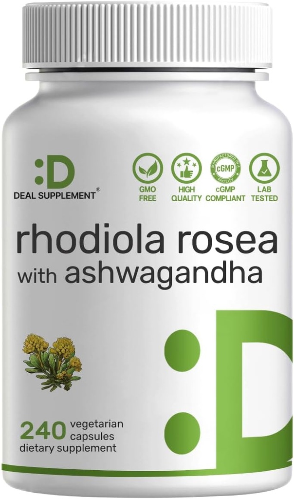 DEAL SUPPLEMENT Rhodiola Rosea with Ashwagandha, 240 Veggie Capsules – Max Strength 10:1 Root Extract – Adaptogenic Supplements for Relaxation, Energy, & Brain Health* – Non-GMO