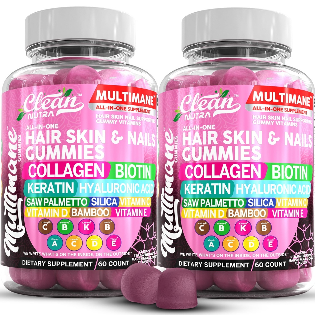 Multimane Collagen Gummies with Biotin Keratin Hyaluronic Acid Bamboo Vitamin A C Vitamin D Vitamini E Folate Saw Palmetto Silica B3 Vitaminleri Saç Ciltleri ve Nails Gummies by Clean Nutra