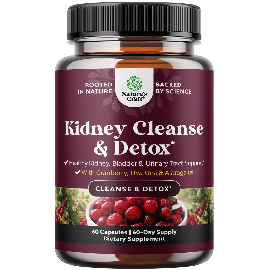 Advanced Kidney Support Supplement - Kidney Cleanse Detox & Repair Cranberry Extract Κάψουλες με Uva Ursi, Stinging Nettle & Astragalus για την υγεία των νεφρών - ούρα Φυλλαδική Υγεία - 60 Caps