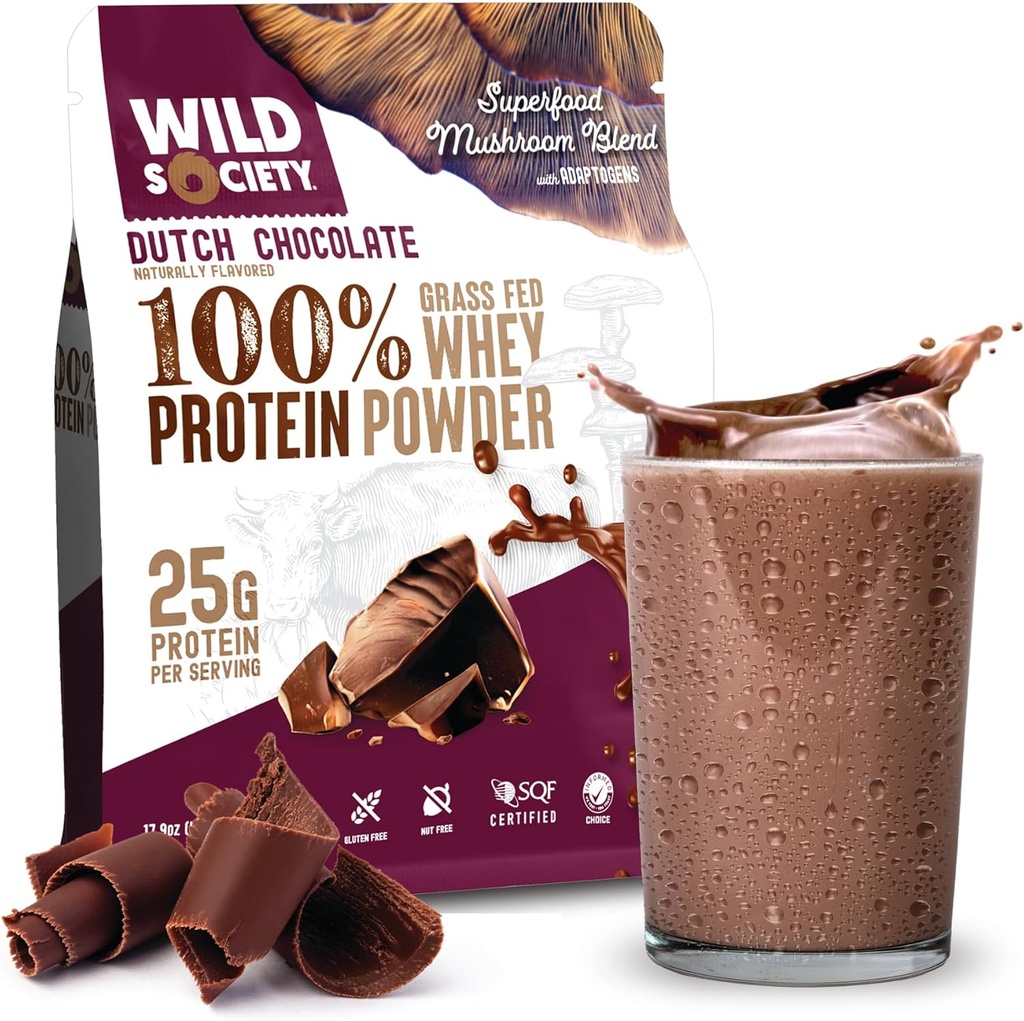 WILD SOCIETY - Premium 100% Grass Fed Whey Protein Powder + Superfood Mushrooms & Adaptogens - 25g Protein, Clean Protein Powder, 0 Added Sugar, Non GMO, Gluten Free - Dutch Chocolate - 17.9 oz