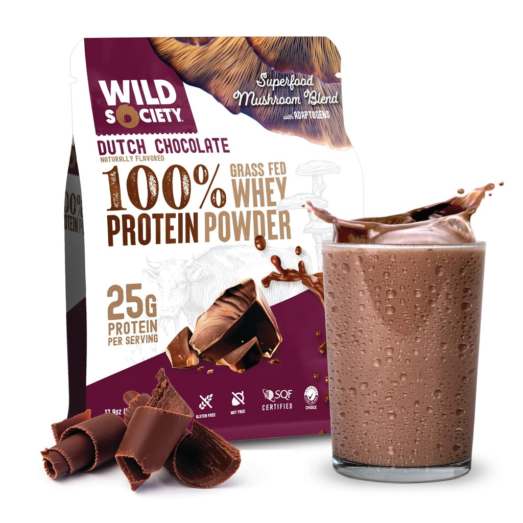 WILD SOCIETY - Premium% Grass Fed Whey Protein Toz + Süpergı Odaları ve Adaptojenler - 25g Protein, Temiz Protein Toz, 0 Eklenmiş Şeker, GMO, Gluten Free - Hollandalı Çikolata - 17.9 oz