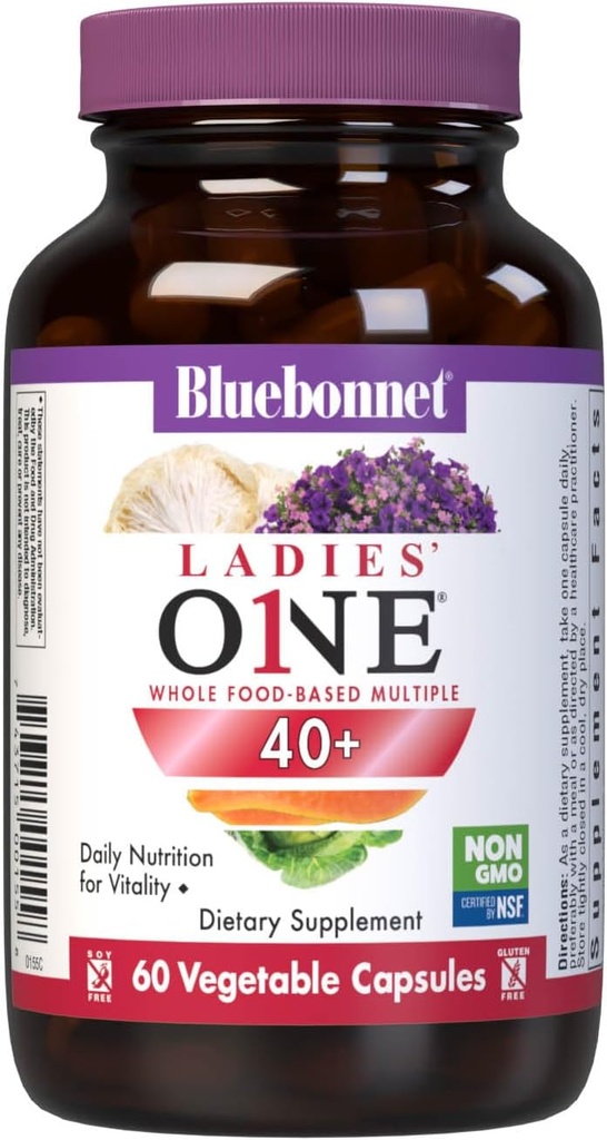 Bluebonnet Beslenme Kadınları BİR 40+ Tüm Gıda-Bed Multi, Kadınlar için Çokvitamin 40+, Soy-Free, Non-GMO, Gluten Free, 60 Sebze Kapsülleri, 60 Hizmet