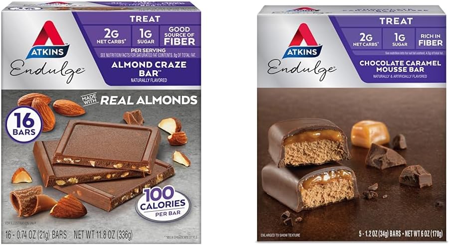 Atkins Endulge Almond Craze Bar 16 Kont & Chocolate Caramel Mousse Bar 5 Count, Keto Friendly, Low Sugar