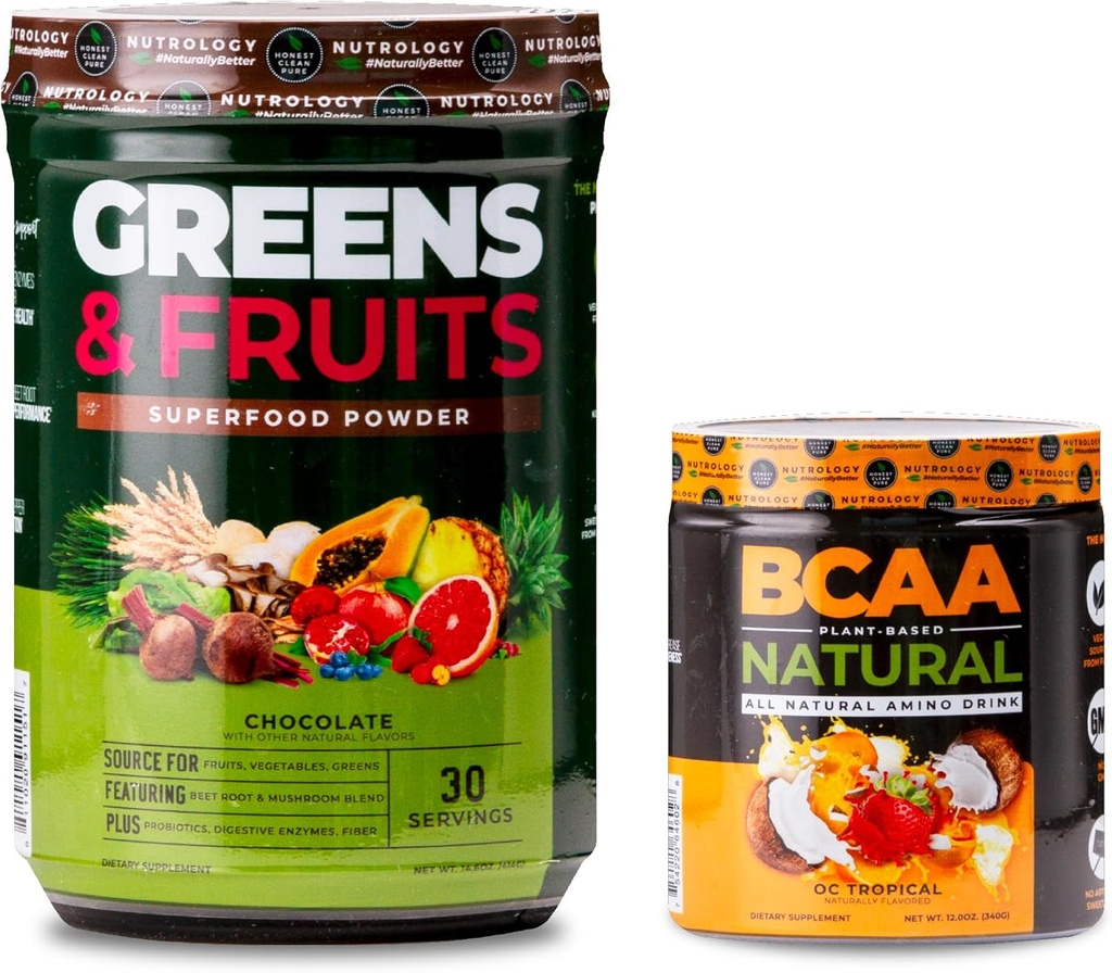 Nutrology Greens & Fruits Toz-Doğal olarak Superfood, Chocolate (30 hizmet) BCAA Natural, Plant Based BCAA Toz, Orange Coconut Flavor (30 hizmet)