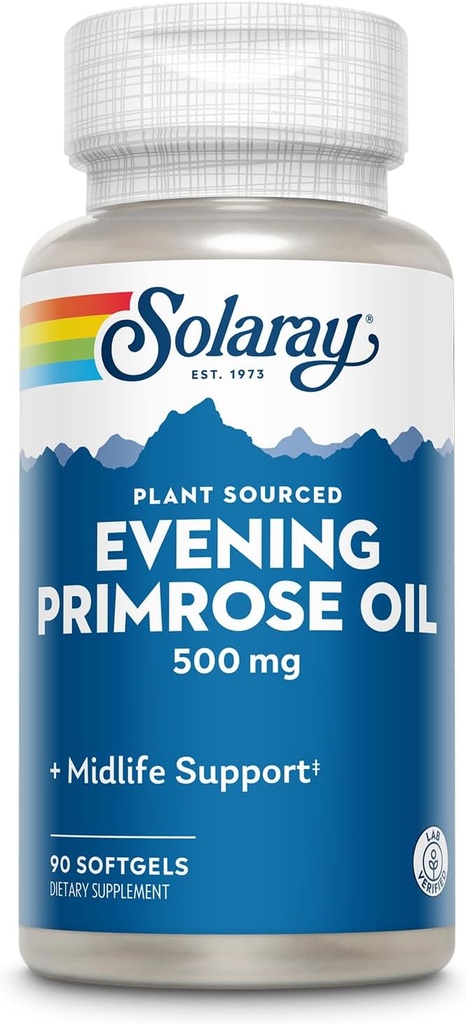 SOLARAY High Potency Evening Primrose Oil 500 mg - Midlife Support - Gamma Linolenic Acid and Linoleic Acid - No Bransons, Cold Pressed - 90 Hizmet, 90 Softgels