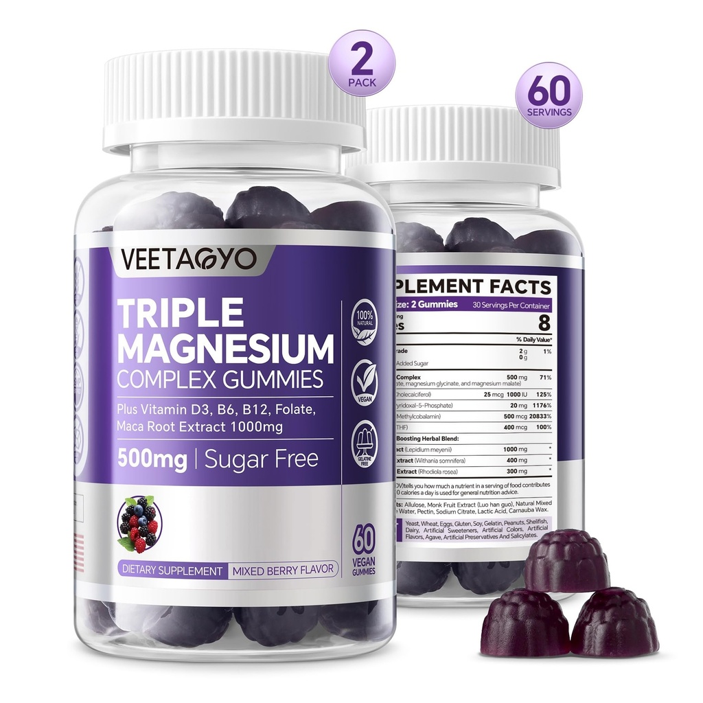 Magnezyum Gummies 500 mg 400 mg | High Abxia, Bone, Nerves, Muscle | 3 Forms of Magnezyum Complex Supplement Glycinate,Taurate,Malate | Yetişkinler - Vegan,Sugar Free,120Cts