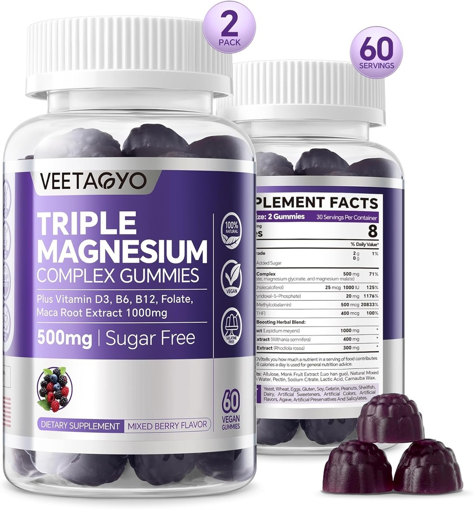 Magnezyum Gummies 500 mg 400 mg | High Abxia, Bone, Nerves, Muscle | 3 Forms of Magnezyum Complex Supplement Glycinate,Taurate,Malate | Yetişkinler - Vegan,Sugar Free,120Cts