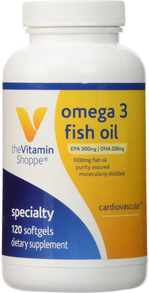 The Vitamin Shoppe Omega 3 Fish Oil 1000mg, EPA 300mg & DHA 200mg, Καθαρότητα Εξασφαλισμένη, Μοριακά Αποσταγμένο για να υποστηρίξει την καρδιοαγγειακή, κοινή και εγκεφαλική υγεία (120 Softgels)