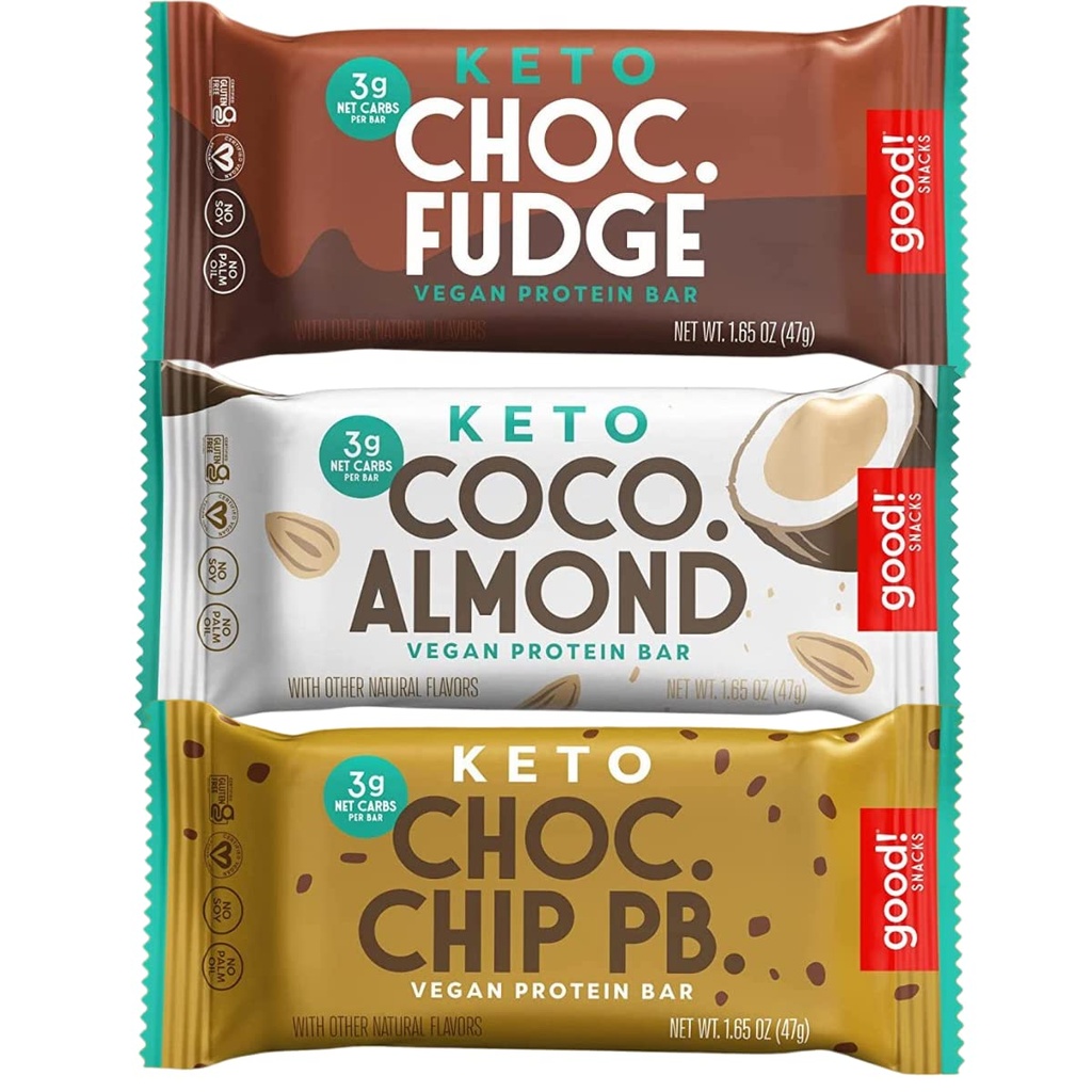 good! Snacks Keto Variety Pack Protein Bar, Vegan, Soy & Gluten Free, Low Sugar Meal Replacement, 10g High Protein, Natural Healthy Snack, For Athletes & Active Lifestyles, 3g Net Carbs,12 Bars