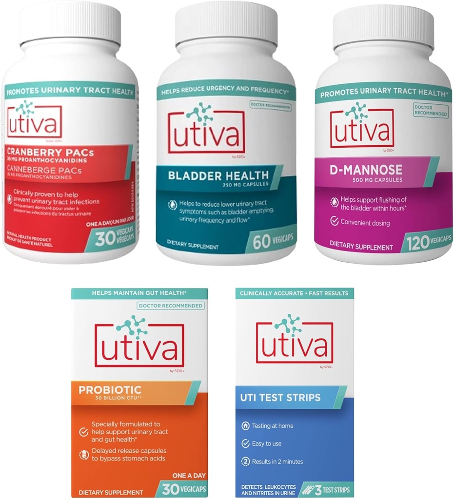 15% Bundle Utiva Cranberry PACs 30 Vegi Κάψουλες + Utiva Bladder Health 60 Κάψουλες + Utiva D- Mannose 500mg 120 κάψουλες + Utiva Probiotic 30 Καθυστερημένες κάψουλες απελευθέρωσης Vegi + Utiva UTI Λωρίδες δοκιμής