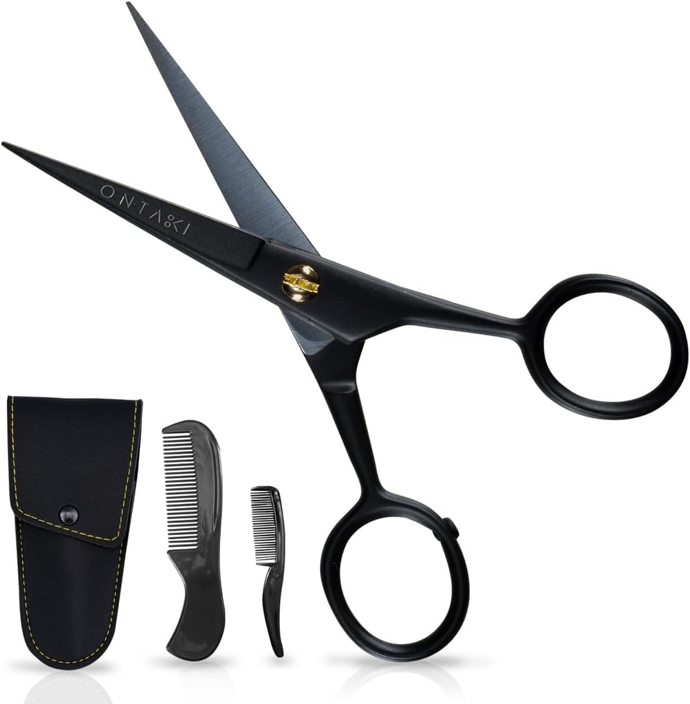 Ontaki Mustachis Ψαλίδι για τους άνδρες - 5-Inch, Μαύρο - Γερμανικό High-Carbon Steel Bevel-Edge για την ακρίβεια - Beard Trimming Ψαλίδι - Περιλαμβάνει Grooming Kit με Mustache & Beard Combs & Carrying Pouch