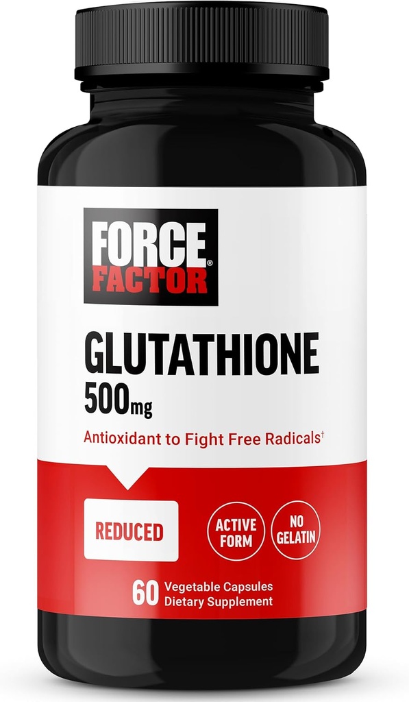 FORCE FACTOR Γλουταθειόνη συμπλήρωμα, αντιοξειδωτικό συμπλήρωμα με μειωμένη γλουταθειόνη 500mg για ανώτερη απορρόφηση και αποτελεσματικότητα, ενεργό μορφή, Vegan, μη ΓΤΟ, 60 κάψουλες λαχανικών