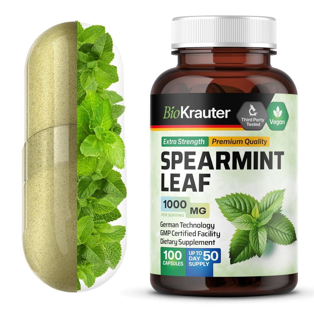 BIO KRAUTER Spearmint Capsules 1000 mg - 100 Kont - Vegan Spearmint Supplement for Digestive & Respiratory Support - Mentha Spicata - No Fillers