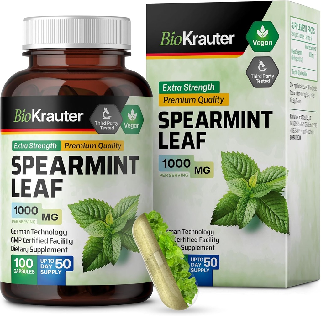 BIO KRAUTER Spearmint Capsules 1000 mg - 100 Kont - Vegan Spearmint Supplement for Digestive & Respiratory Support - Mentha Spicata - No Fillers