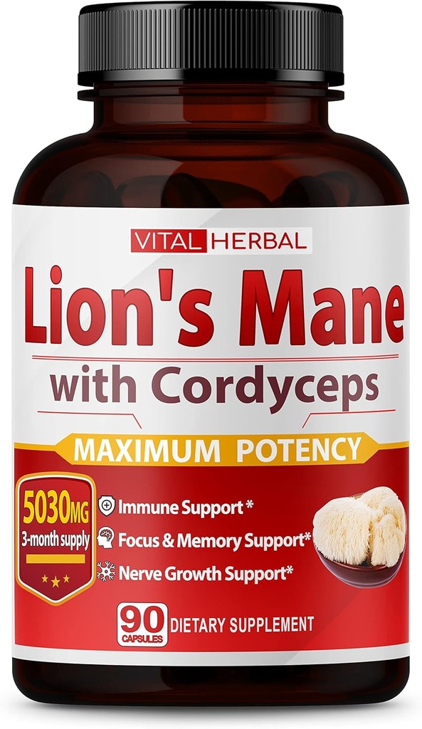 VITAL HERBAL Lions Mane Mushroom with Cordyceps Capsules Equivalent to 5030 mg - maksimum Potency L-Theanine Ashwagandha Beyin Supplement for Focus Memory Energy Mood Support 90 Days Supply