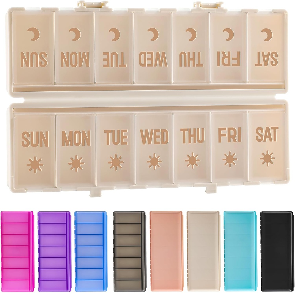 Katlanabilir Pill Organizer 2 Times a Day w/Etched columns -Dual Protection & Portable Weekly AM PM Pill Box, 7 Day Medicine Konteyner, Büyük Seyahat Pill Case for Week Daily Supplement - Khaki