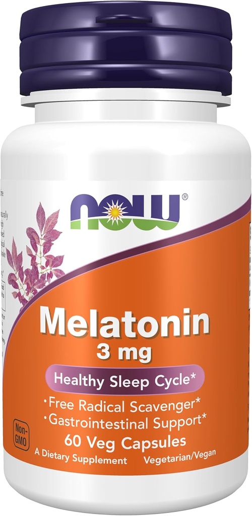 NOW Foods Supplements, Melatonin 3 mg, Free Radical Scavenger*, Healthy Sleep Cycle*, 60 Veg Capsules