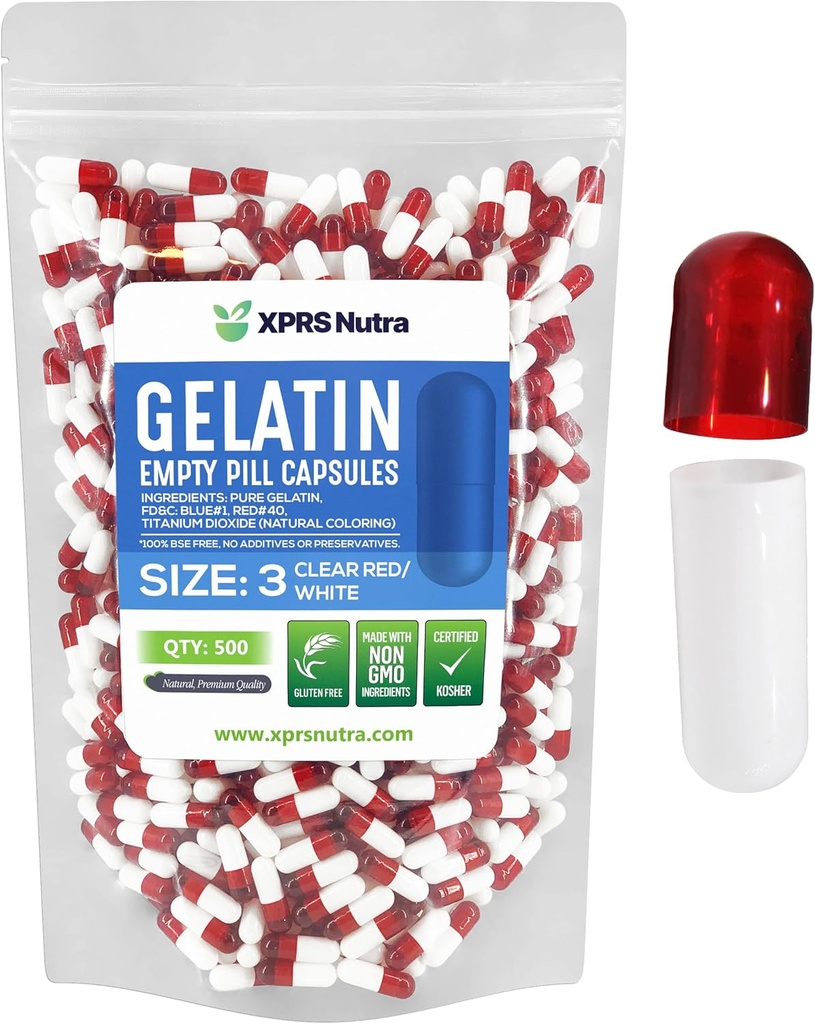 XPRS Nutra Boyutu 3 Boş Kapsüller - 500 Kont Boş Gelatin Capsules - DIY Capsule için Pills - Pure Bovine Pill Gel Caps Do-It- Yourself Vitamins and Supplements (Clear Red/White)