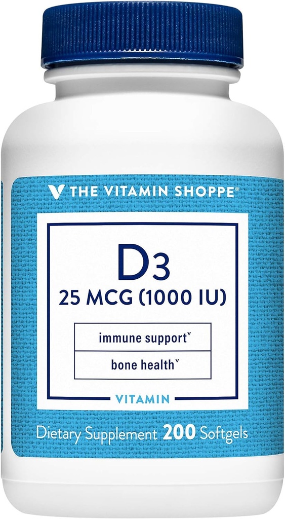 Shoppe Vitamin D3 1000IU Softgel, Bone & Immune Health, Hücresel Büyüme ve Mikrobiyal Abpsiyon, Gluten Free & Once Daily Formula (200 Softgels)
