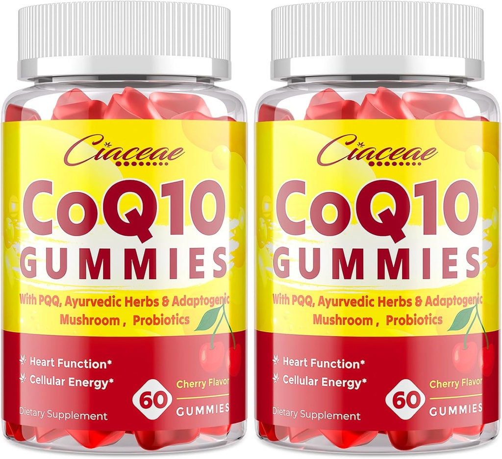 PQ10 Gummies with PQ - 400 MG Coenzyme Q10 Yüksek Potency, Ayurvedic Herbs, Adaptojenik Mushroom Mix & Probiyotiks for Heart, Brain, Energy, Immunity, Cherry Flavor, 120 Vegan Gummies