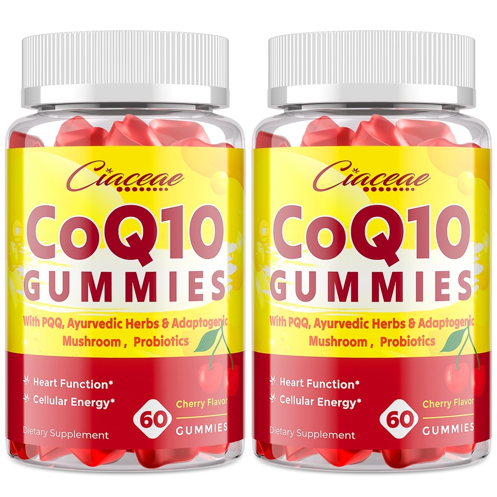PQ10 Gummies with PQ - 400 MG Coenzyme Q10 Yüksek Potency, Ayurvedic Herbs, Adaptojenik Mushroom Mix & Probiyotiks for Heart, Brain, Energy, Immunity, Cherry Flavor, 120 Vegan Gummies