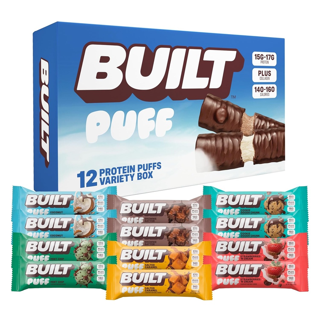 Χτισμένη μπάρα, Puff Protein Bars, Variety Pack, Collagen, On-the-go Snacks, Breakfast Bar, Mixed Sampler, 12 Pack