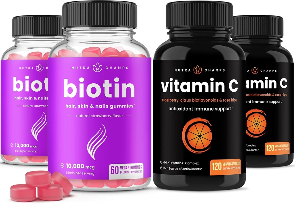 NutraChamps Biotin Gummies (2 Pack) ve C Capsules (2 Pack) 4 Pack Sche