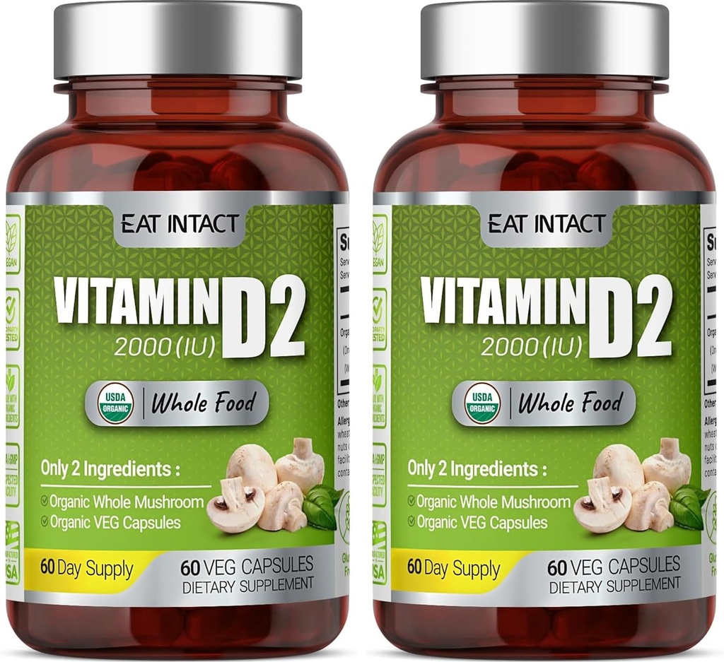 Organik Vegan Tüm Gıda Vitamin D2 (2 Pack), 2000 IU (50 mcg), İki Malzemeler (Organic Whole Mushroom Organic Vegan Capsule), Non-GMO, 120 Gün Supply