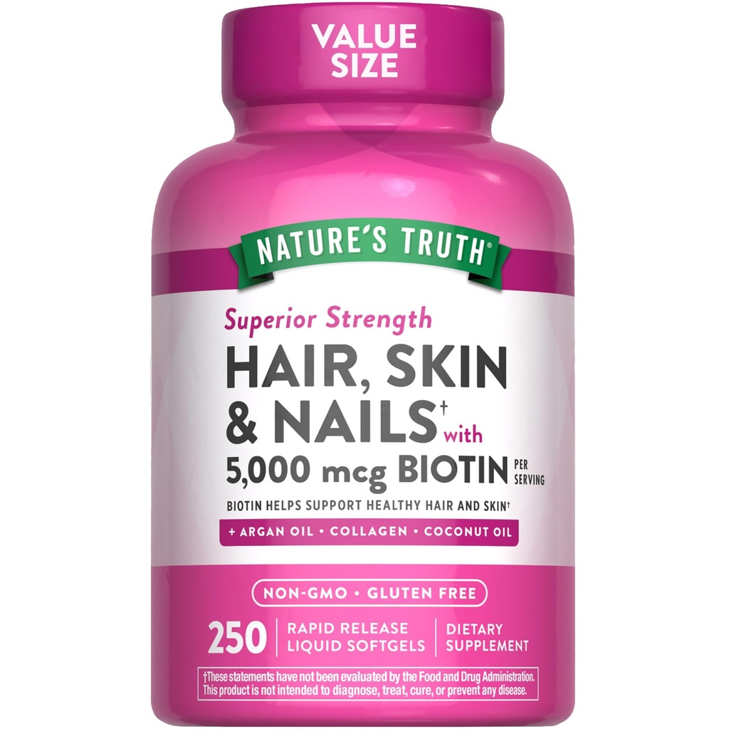 Doğanın Gerçek Saçları, Skin & Nails Vitaminleri | 5000 Telefon | 250 Softgels | Collagen, Biotin ve Coconut Oil | Non-GMO & Gluten Free Supplement for Women and Men