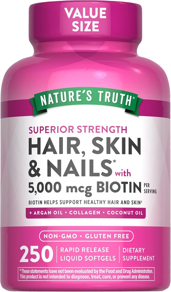 Doğanın Gerçek Saçları, Skin & Nails Vitaminleri | 5000 Telefon | 250 Softgels | Collagen, Biotin ve Coconut Oil | Non-GMO & Gluten Free Supplement for Women and Men