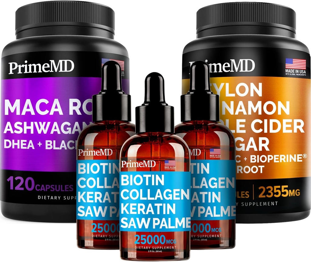 5-σε-1 Ceylon Κανέλα (120ct), 4-σε-1 Biotin Collagen Keratin Saw Palmetto (2 fl oz - 3 Pack) & 6-σε-1 Maca Root Ashwagandha (120ct) Bundle - Ενέργεια, Mood, Hair, Skin & Immune Supplement Υποστήριξης
