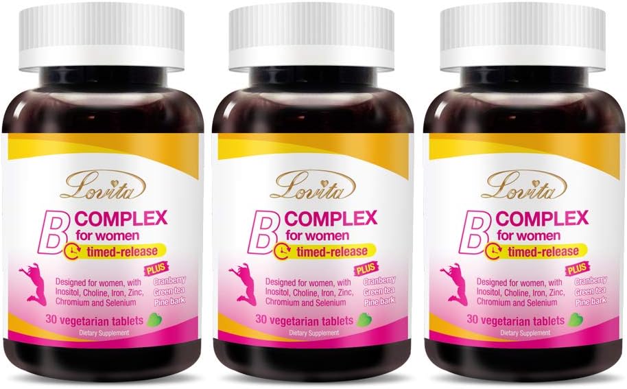 Lovita Yüksek Potent B Kompleks for Women, Timed Release, All B Vitamins with Iron, C, Cranberry, Pine Bark, Green Tea for Energy, 30 Vegetarian Tabletler (Paket 3 )