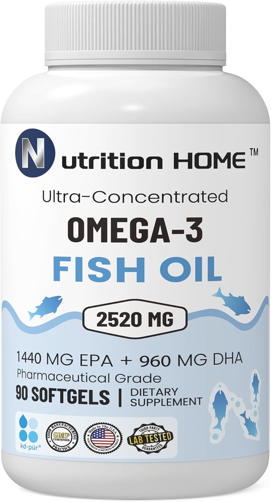 Triple Strength Omega 3 Fish Oil 3000 mg EPA & DHA, 2520mg Ωμέγα 3 Λιπαρά Οξέα 1440mg EPA + 960mg DHA Καλύτερα Απαραίτητα Λιπαρά Οξέα Premium Burpless Softgel Συμπληρώματα (90)