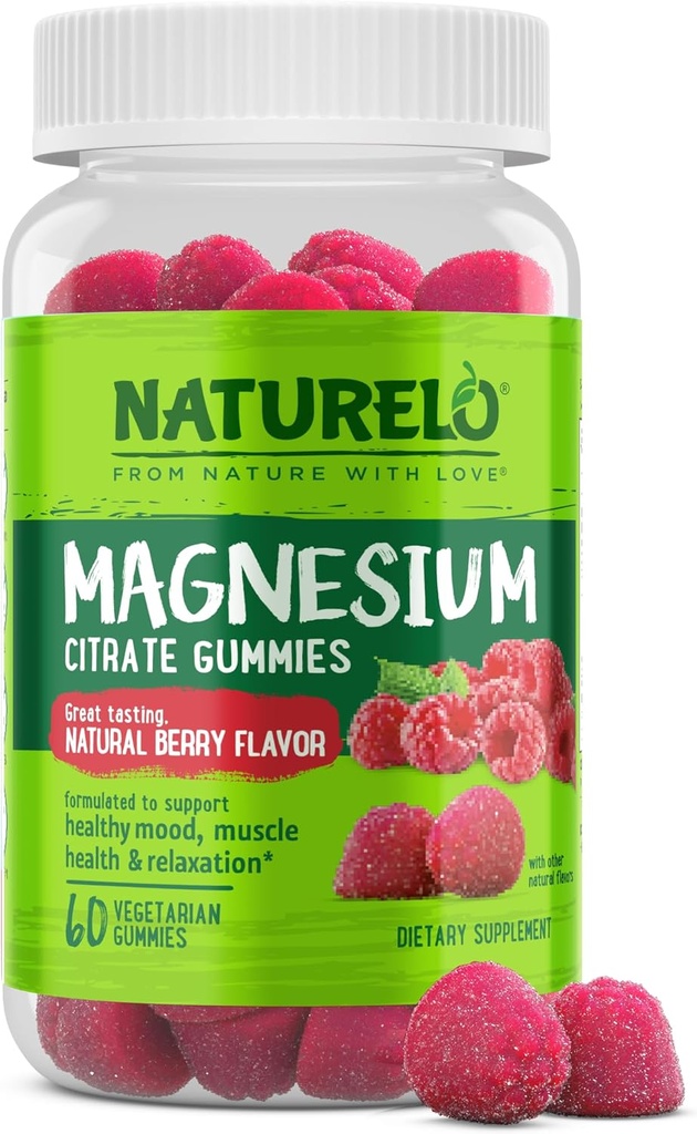 NATURELO Μαγνήσιο Citrate Gummies - για την υποστήριξη ηρεμίας και χαλάρωσης, Φυσικό μούρο Μαγνήσιο Gummies, 60 χορτοφαγικές Gummies
