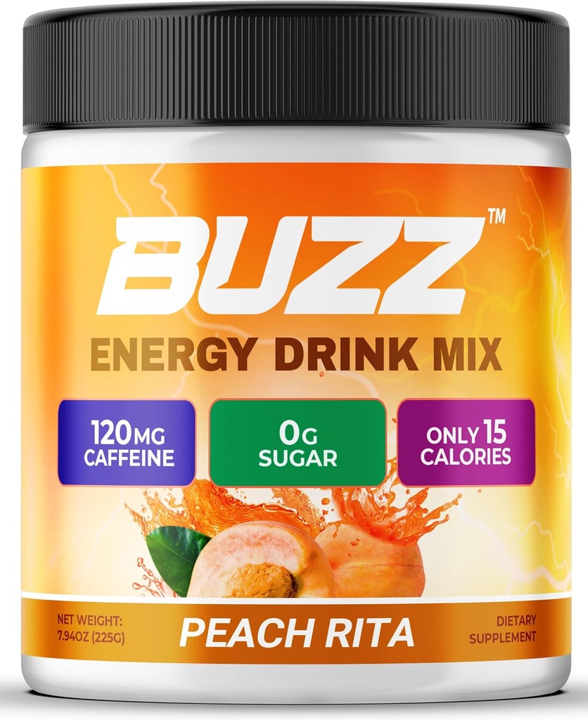 Sabah Buzz Energy Drink Toz - Enerji Boost Drink Mix - Sugar-Free Energy with Antioksis - Morning Kickstart and Sports Beslenme Endurance Ürün - 30 Hizmet, Peach, 8 Ounces, Peach, 8 Ounces